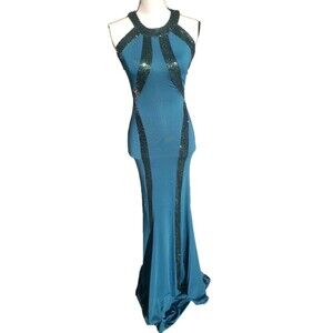 Vtg Faviana Turquoise Green Sequin Jersey Long Dress Style 7510 Size 00